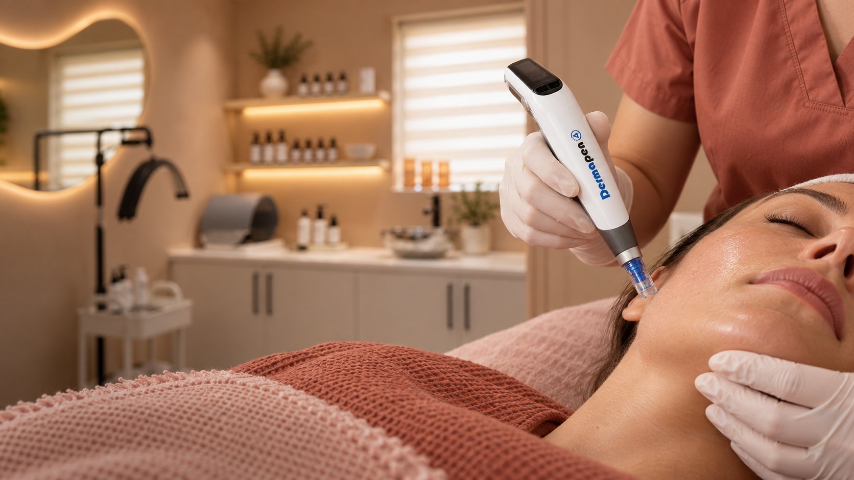 A nurse carrying out a microneedling treatment with a Dermapen 4 in a calm, softly lit clinic room
