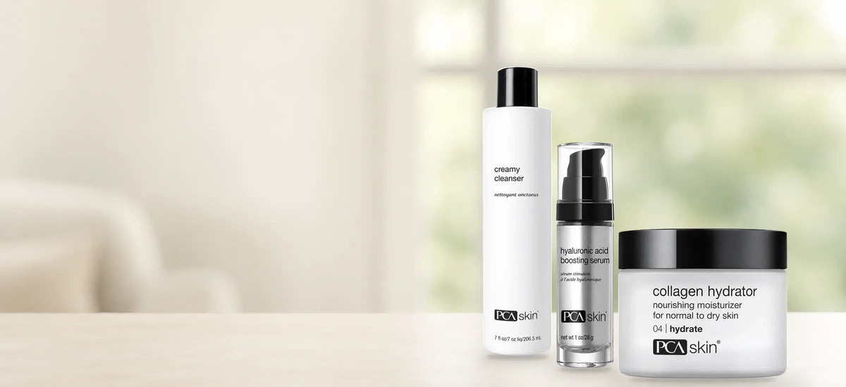 PCA Skin Creamy Cleanser, Hyaluronic Acid Boosting Serum and Collagen Hydrator